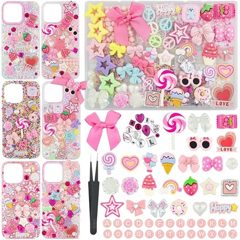 1430 Pcs Junk Phone Case Decoration Kit, Charms for Customizing Cases, Kawaii Bow, Letter Beads, Nail Accessories, Flatback Pearls, Rhinestones, Cute Aesthetic Decor for Personalization