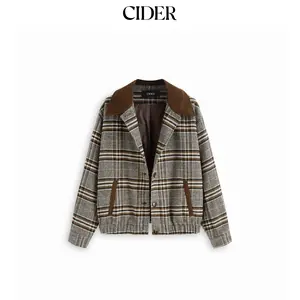Cider Wool-look Plaid Collar Long Sleeve Colorblock Button Oversized Shacket