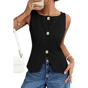 ZESICA Womens Summer Sleeveless Suit Vest 2026 Boat Neck Button Down Formal Vest Tops Casual Trendy Work Blazer Waistcoat