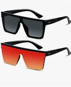 (2 Pack) New Square Oversized Sunglasses for Women Men Big Flat Top Fashion Shield Large UV Protection Rimless Shades Retro Aviator
