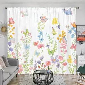 2 pieces, rural fresh floral butterfly printed curtains, spring garden theme, pole pocket style, semi sunshade polyester fiber, suitable for home living room, bedroom, balcony, kitchen, study window decoration, anti privacy, easy to clean.