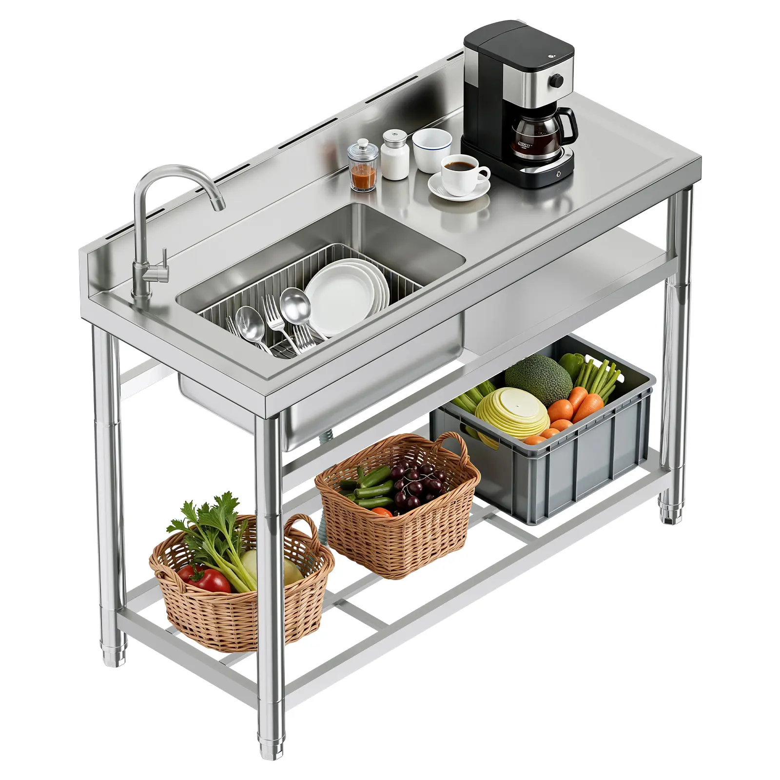 AMERLIFE Stainless Steel Sink,Single Bowl Utility Sink with Storage Rack & Knife Slot for Kitchen, Laundry, Garage, or Commercial Use