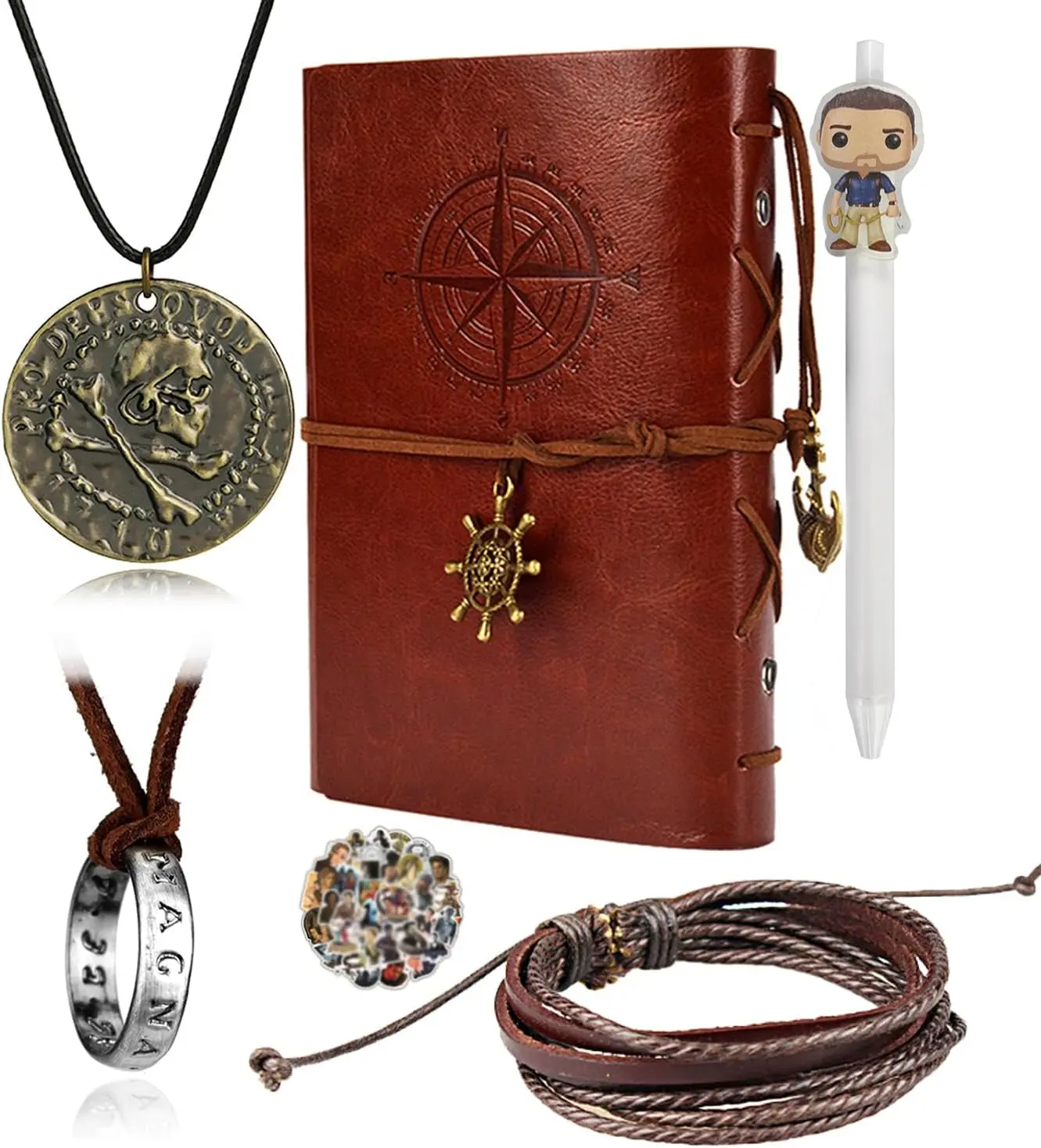 Uncharted 4  Set Drake Engraved Skull Bronze  Necklace Ring Necklace Handmade Leather Bracelet Leather Writing Journal Notebook with Pen Movie Stickers 30 count