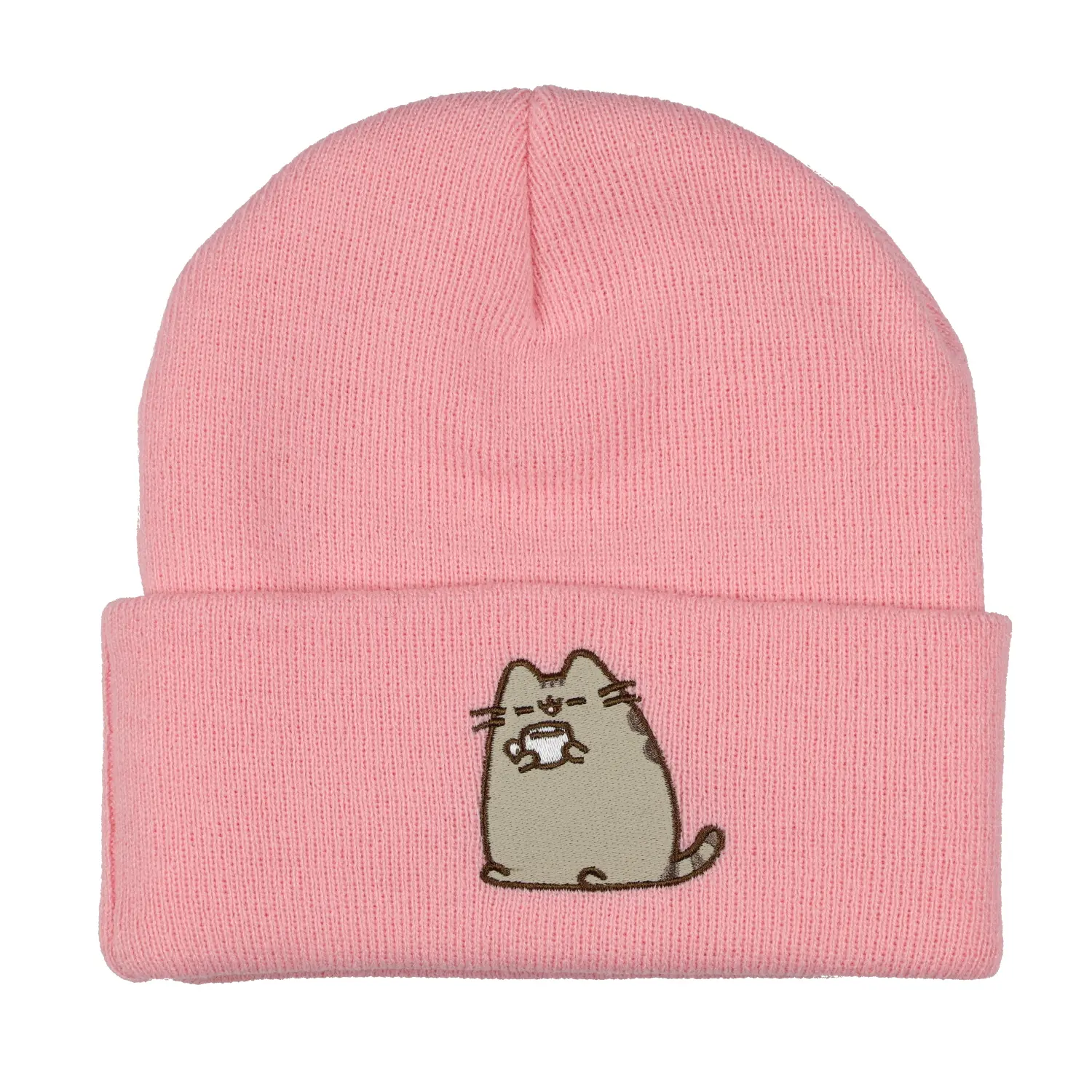 Pusheen Beanie Embroidered Tabby Cat Patch Design Fold Cuff Knit Hat Skull Cap OSFM for Women, Knit Beanie, Casual Wear