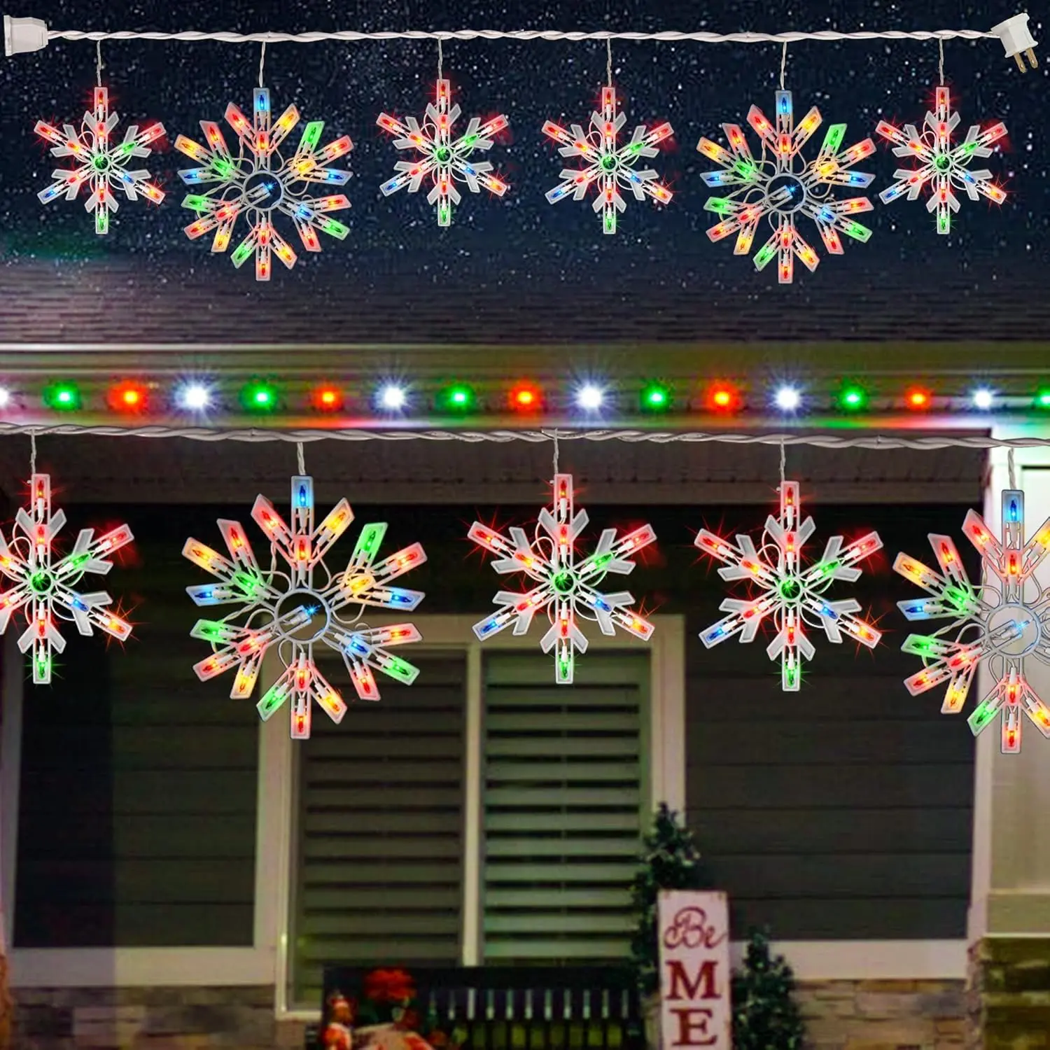 Christmas Snowflake Lights Outdoor,100 Count 8.5FT Connectable Waterproof Christmas Icicle Lights with 6 Drops Plug in for Indoor Xmas Yard Home Decorations (Multi-Colored)