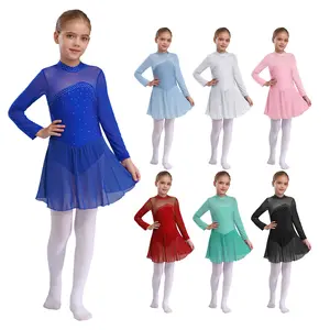 Kids Girls Long Sleeves Keyhole Back Rhinestones Figure Ice Skating Leotard Dress