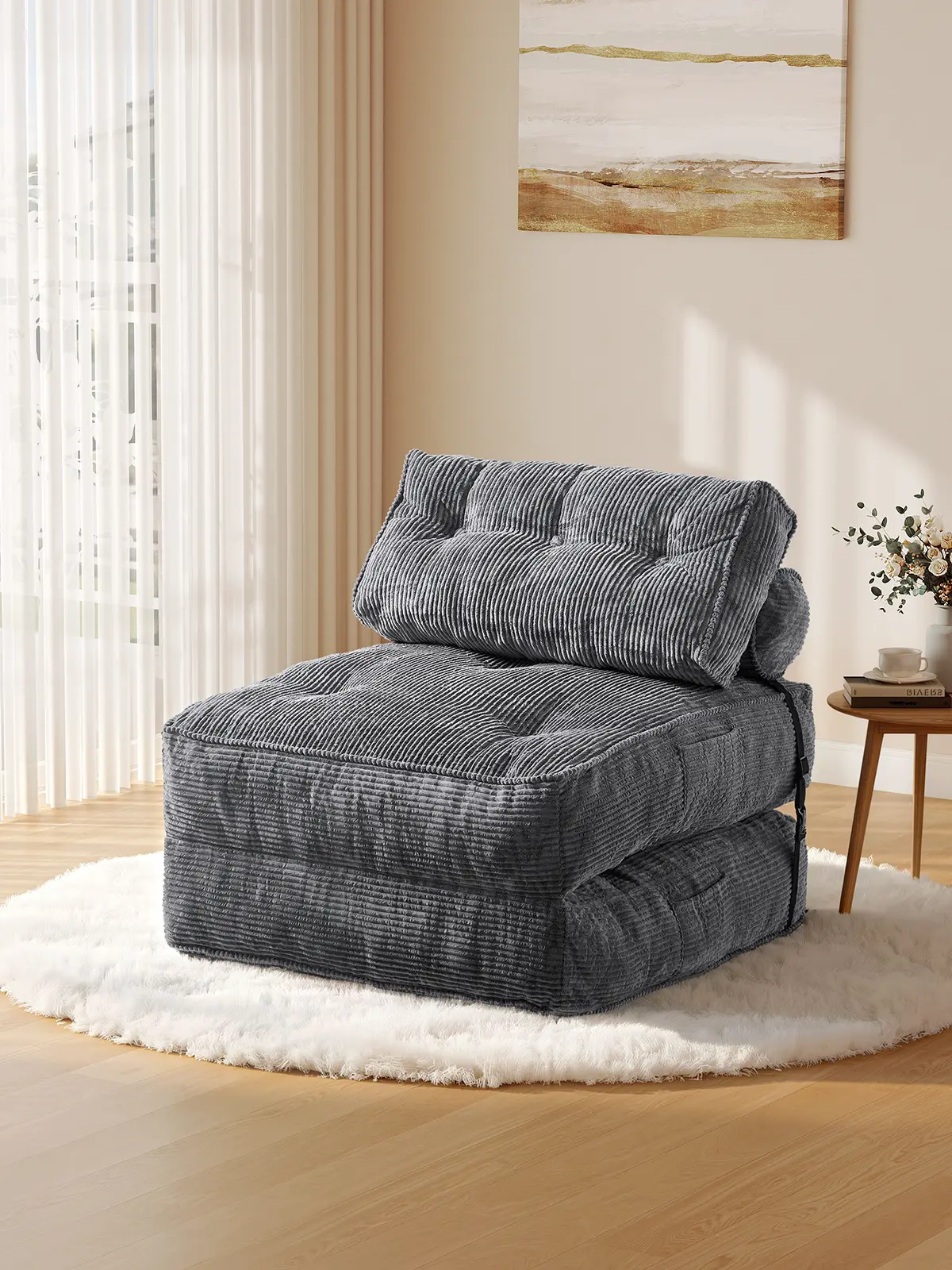 【BackToSchool】ONBRILL 4-in-1 Foldable Corduroy Armless Sleeper Chair - Ergonomic Compact Design, Space Saving Furniture, Fully Assembled 1-Person Convertible Couch Bed, Portable Fold-Out Floor Lounger for Adults’ Living Room, Watch Party