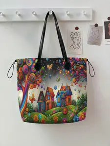 Fantasy Candy Town Theme Drawstring Tote Bag, Large Capacity Shopping Bag, Durable and Wear-Resistant, Random Print, Casual Style