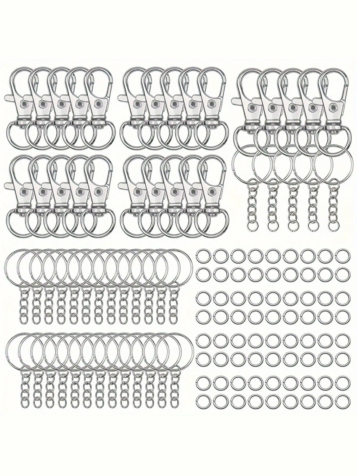 200 silver keychains with rotating spring hooks, open jump rings, keychain clip hooks with loops, keychain hardware, used for DIY hanging rope jewelry, keychain making, jewelry making, art crafts, luggage accessories, DIY Kits, Diy Accessories Set