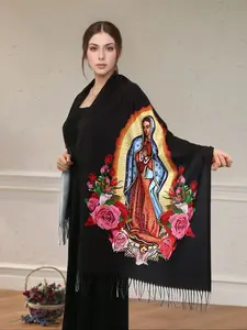 Elegant Printed Polyester Scarf with Tassel Fringe, Shawl Wrap for Women, Windproof & Warm, Perfect for Parties & Gifts, Tassel Decor Shawl