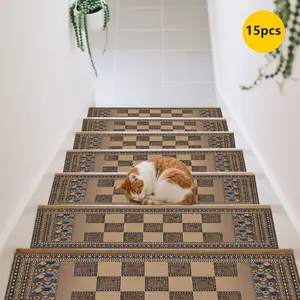15pcs of Brown Plaid Patterned Printed Stair Mats, Non-Slip Stair Carpets, Protective Step Carpets, Bordered Stair Mats for Home Decoration, Suitable for Indoor/Outdoor Stairs, Wooden Or Hard Surfaces, And Other Scenarios
