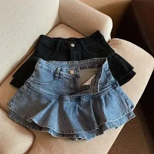 Denim skirt women's cake skirt A-line mini skirt pants high waist design sense niche hip-wrapped hot girl short skirt(Sheets)