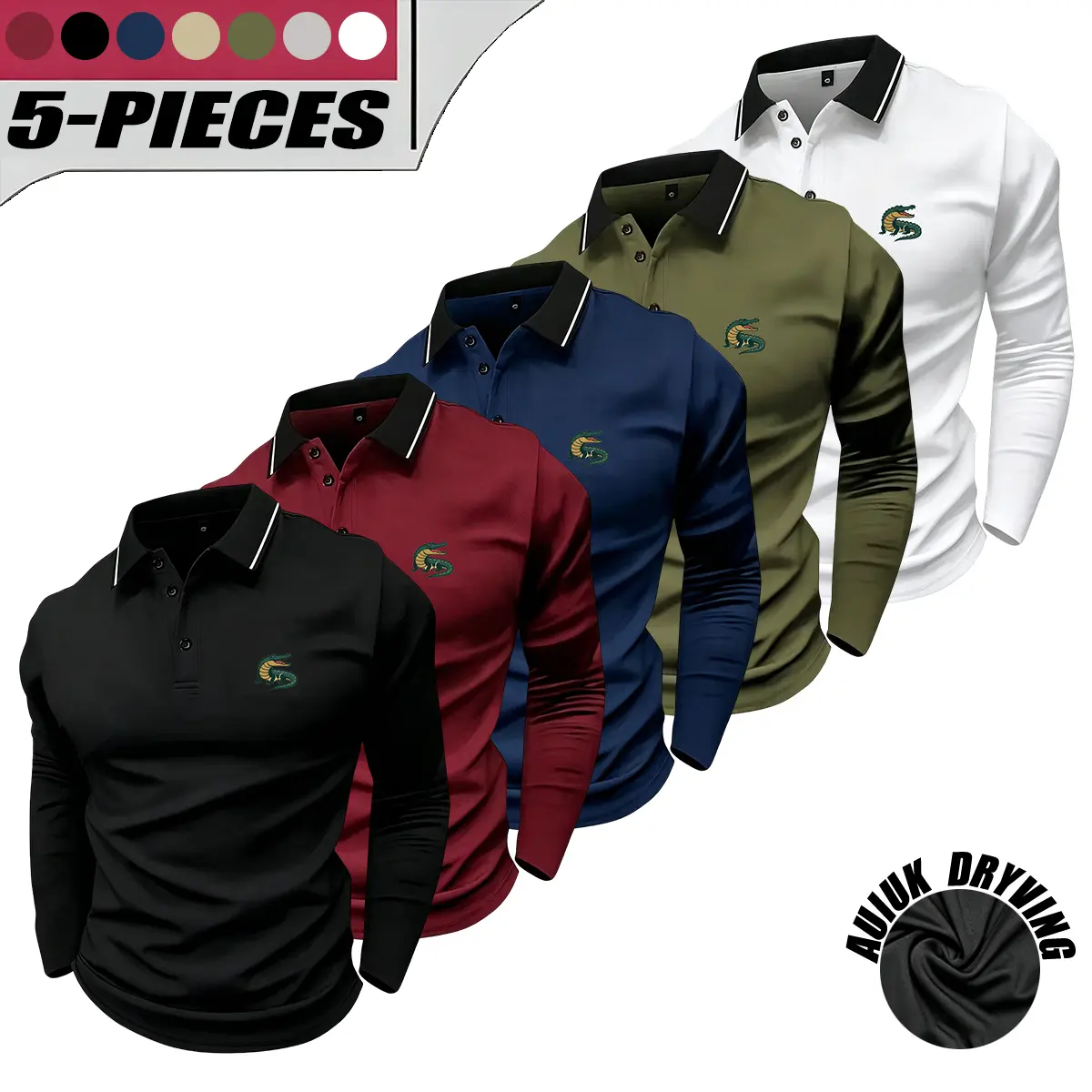 5-Pack Men’s Casual Long-Sleeve Crocodile Print Polo Shirts – Breathable polyester fabric, minimalist, stylish, and distinctive design, suitable as a gift,clothes for back to school,first day of school outfits