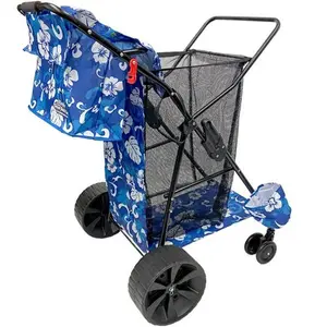 Beach Cart Deluxe Heavy Duty Folding Ocean Utility Large Sand Wheels Holds 4 Folding Chairs Umbrella Holder Removable Storage Bag