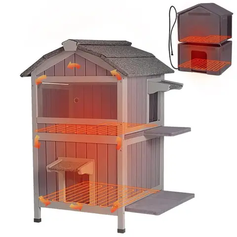 Aivituvin-AIR94-IN Heated Insulated 2-Storey Wood Cat House - Bed Built Kennel with 3-Layer & 6-Sides Insulated Materials, Calming Bed with Soft Liner & Heated Pad, Easy Access & Ventilation for Winter Indoor/Outdoor Use