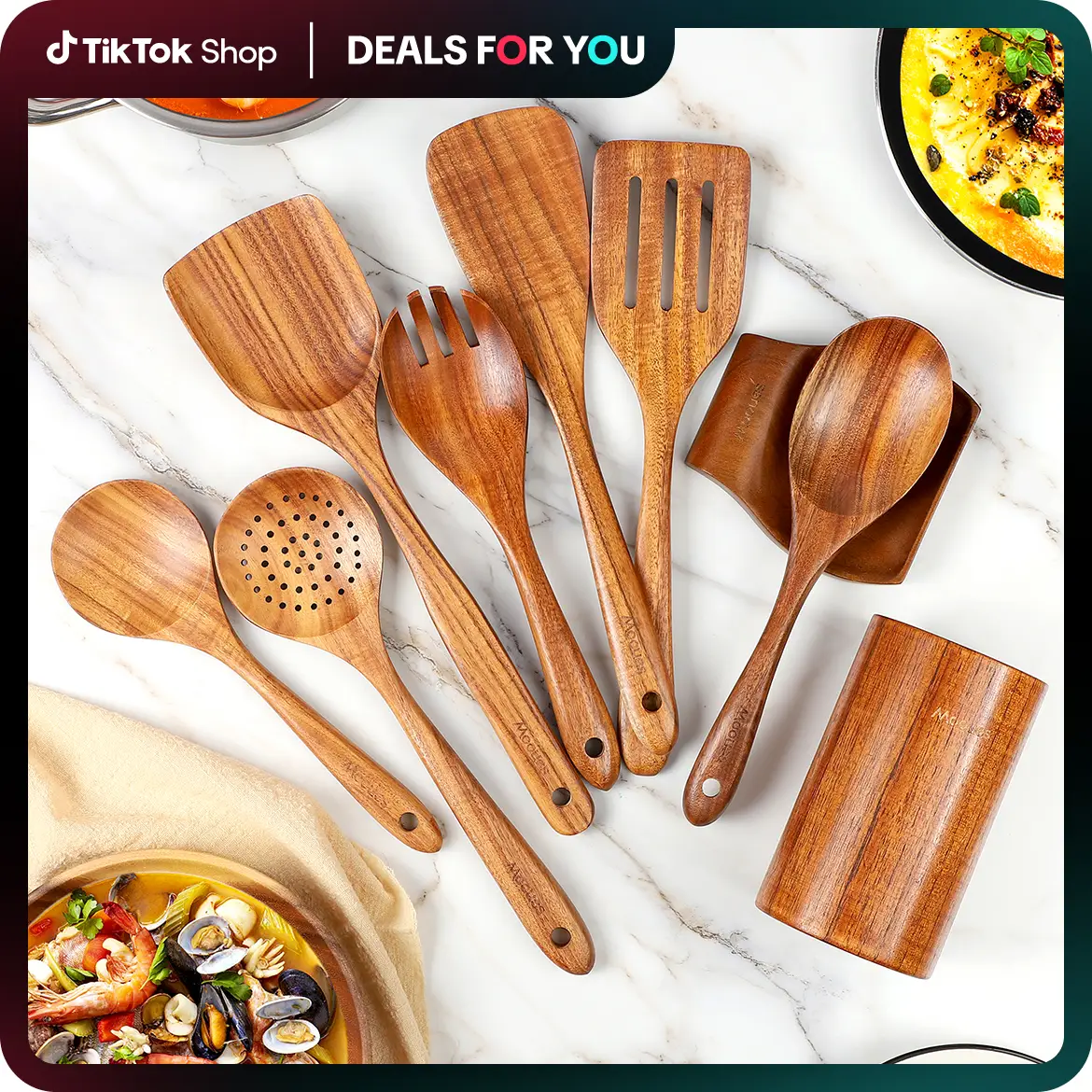 Mooues Natural Teak Wooden Kitchen Utensils Set – Safe&Eco-Friendly Wooden Utensils with Comfort-Grip Spoons & Spatulas for Home Use Cooking#cozyvibes