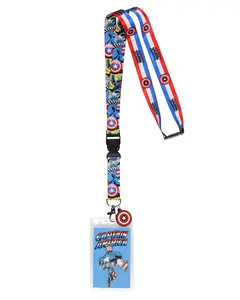 Marvel Captain America Lanyard Badge Holder Comic Scene and Shield Stripe reversible Design with 1" Rubber Shield Pendant