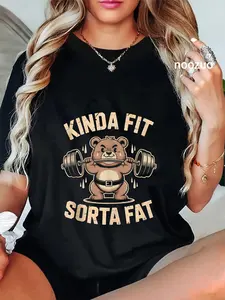 Unisex Streetwear Graphic T-Shirt, Funny "Kinda Fit Sorta Fat" Bear Weightlifter Print, Casual Cotton Round Neck Top