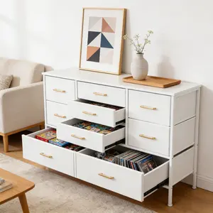 White Wood-Fabric Storage Chest with 9 Fabric Bins - Sleek Tall Design, Smooth Functional Drawers, Foldable, Easy Assembly - Versatile Home Organizer for Bedroom, Nursery