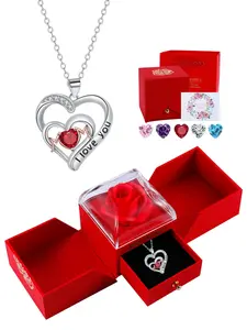 I Love You Mom Heart Pendant Necklace With Rose Jewelry Gift Box, Double Love Heart Design Necklace for Mother, Mother's Day Birthday Jewelry Gift for Mom Grandma, Elegant Necklace