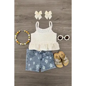 Crochet Lace Flower Denim Short Set