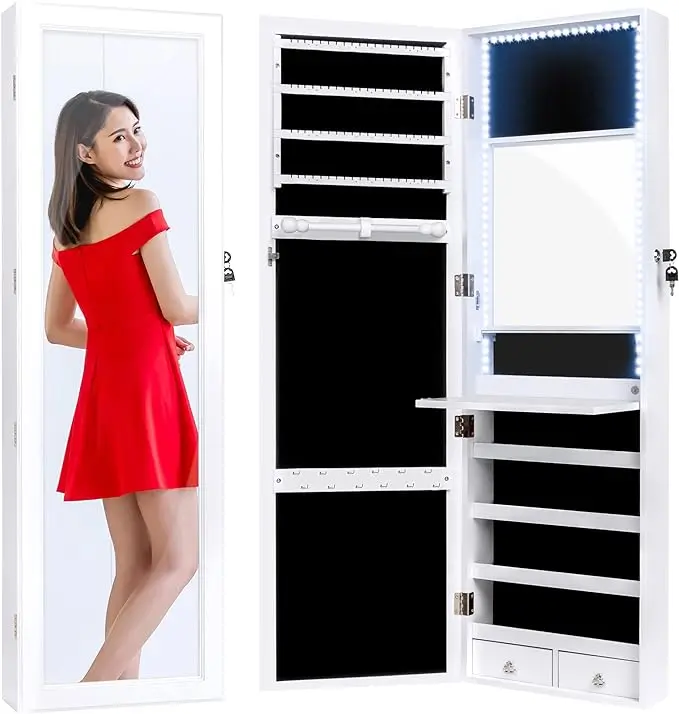 Full Length Hanging Mirror Jewelry Armoire Cabinet, Makeup Storage LED Lights