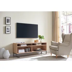 60 Inch Modern TV Media Entertainment Console, 4 Compartments, Metal Frame Base, Light Oak Brown