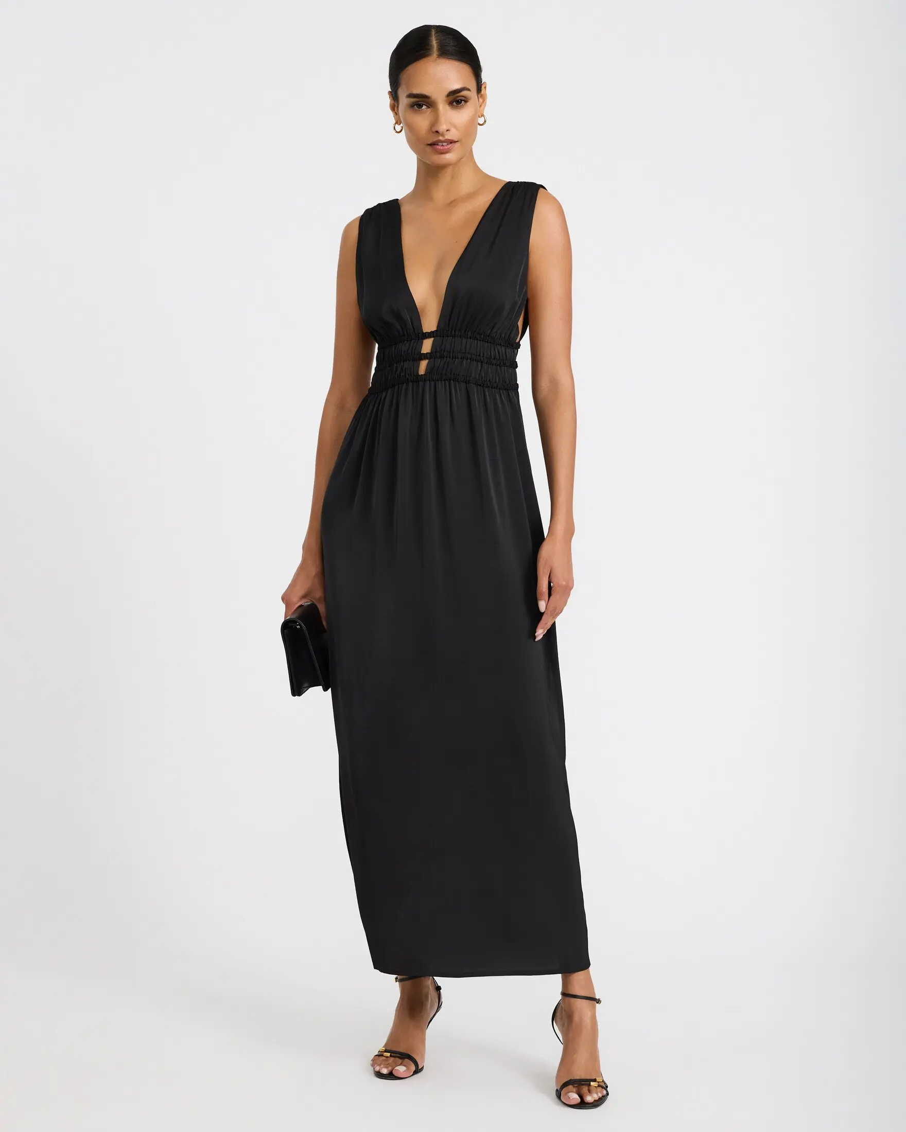 Express V-Neck Sleeveless Strappy Ruched Cutout Maxi Dress