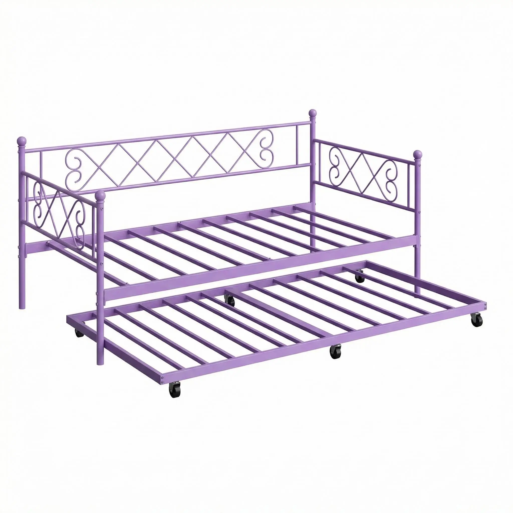 Garvee Twin Metal Daybed with Trundle Heart-Shaped Headboard Sturdy Steel Slat Support Space-Saving Design Easy Assembly Purple Black Pink White for Living Room Bedroom Guest Room