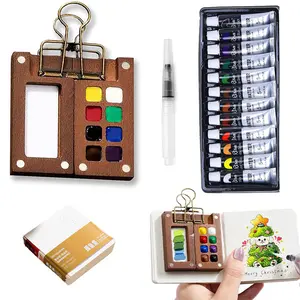 5pcs Mini Watercolor Paint set, Portable Watercolor Paint Travel Set, 12 Color Pocket Artist Watercolor Travel Set with Picture Book, 8 Grids Portable Wooden Paint Palette for Painters, Artists, and Students, Diy Painting Supplies