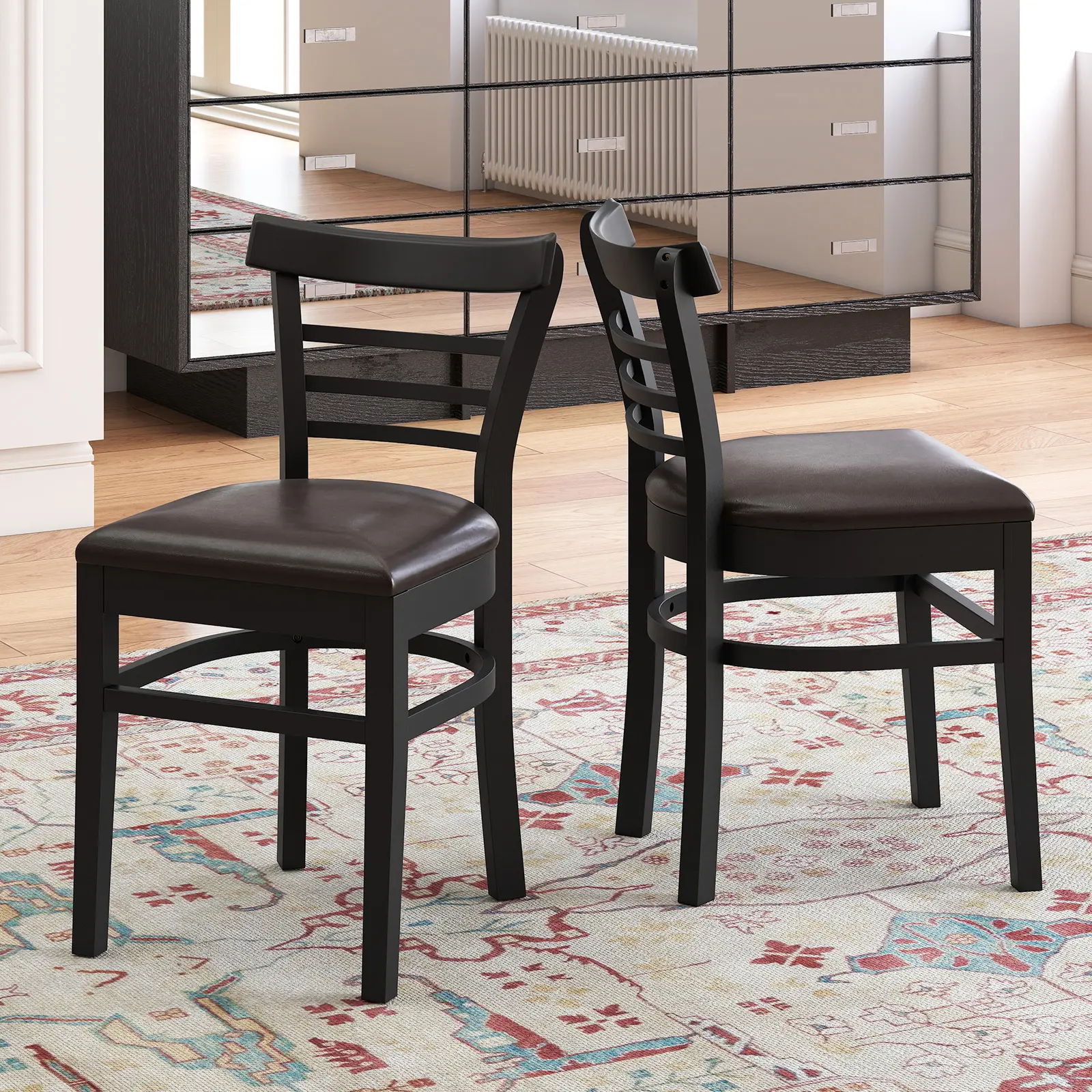 COSTWAY - Set of 2 Wooden Dining Chair with Rubber Wood Legs for Restaurant-Black
