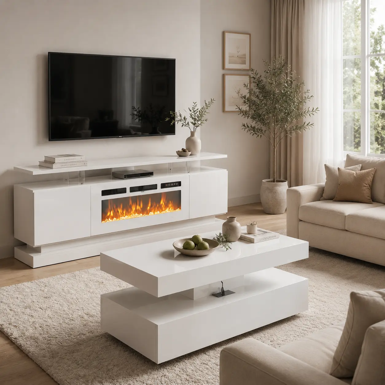 Jolydale Modern 2-Piece Living Room Set, 70" Electric Fireplace TV Stand & 39" LED Coffee Table, High Gloss Media Console with Storage Drawers, White & Black