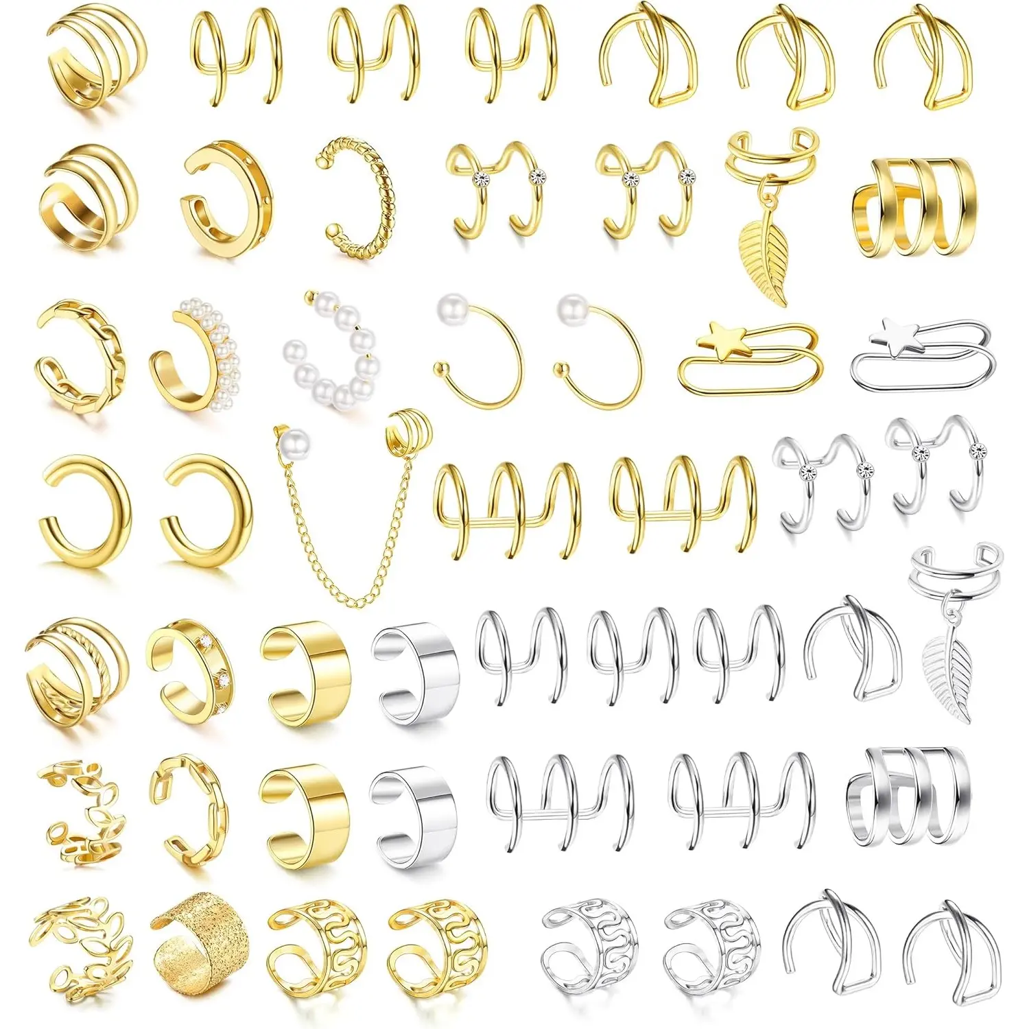 MILACOLATO Beading Alloy Metal Wrap-Style Ear Cuff Set - Non-Piercing Helix Clips, Drop Earrings, Earring Stack for Everyday Female (Gold/Silver)