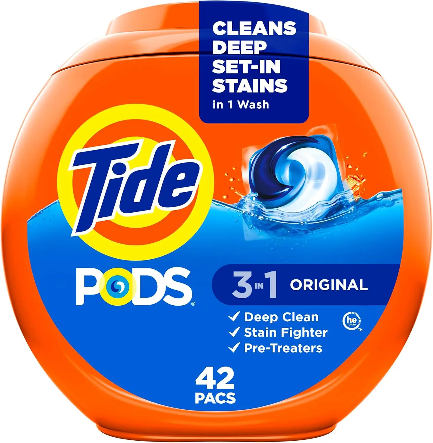 Tide PODS Laundry Detergent Pacs, 3-in-1, Stain Remover, Odor Eliminator, Color Protector, Original Scent, 42 Count, HE Compatible