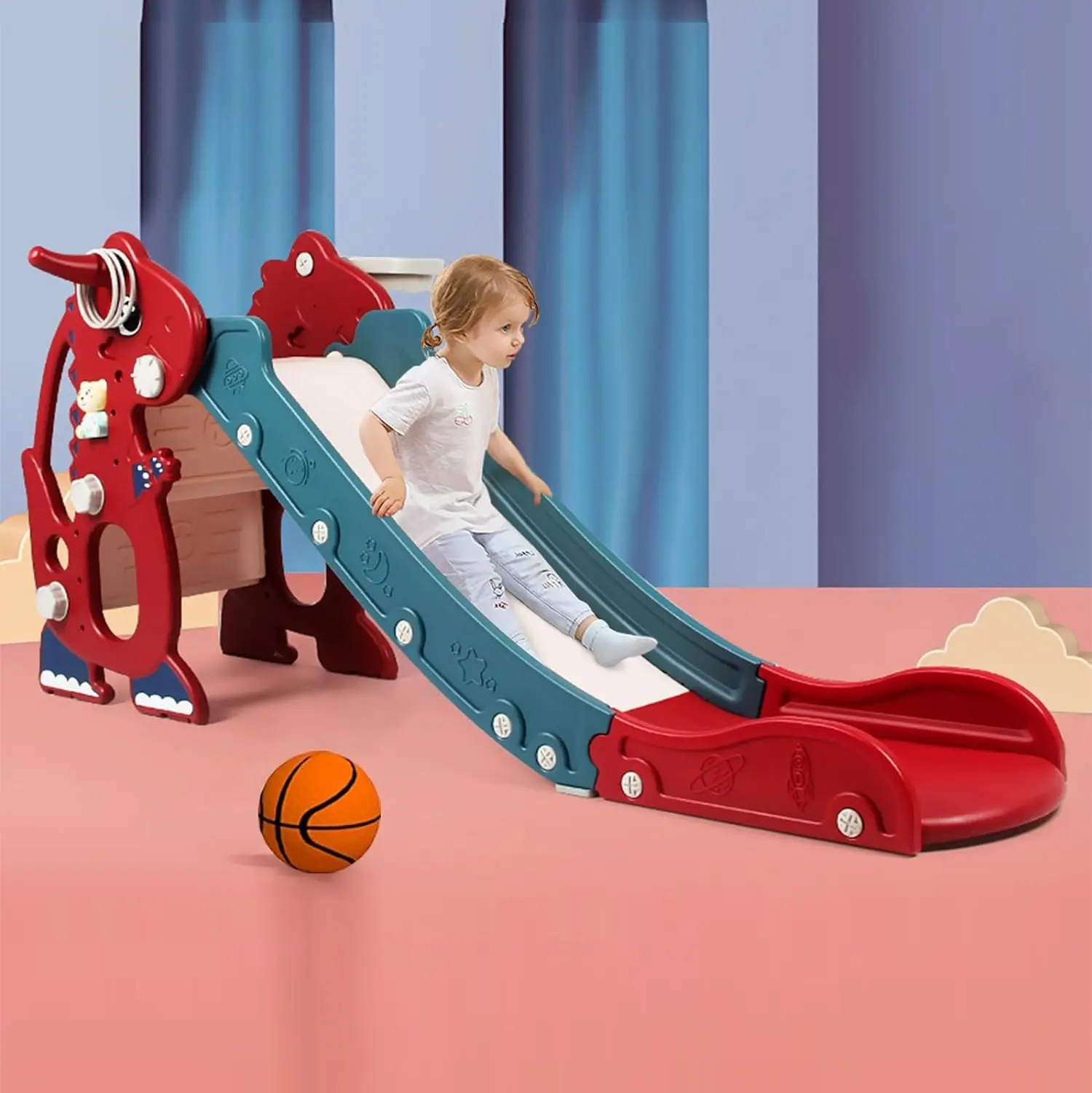 Toddler Slide For Toddler Age 1-3 Indoor Plastic Slide Outdoor Playground Climber Slide Playset With Basketball Hoop & Ring Game