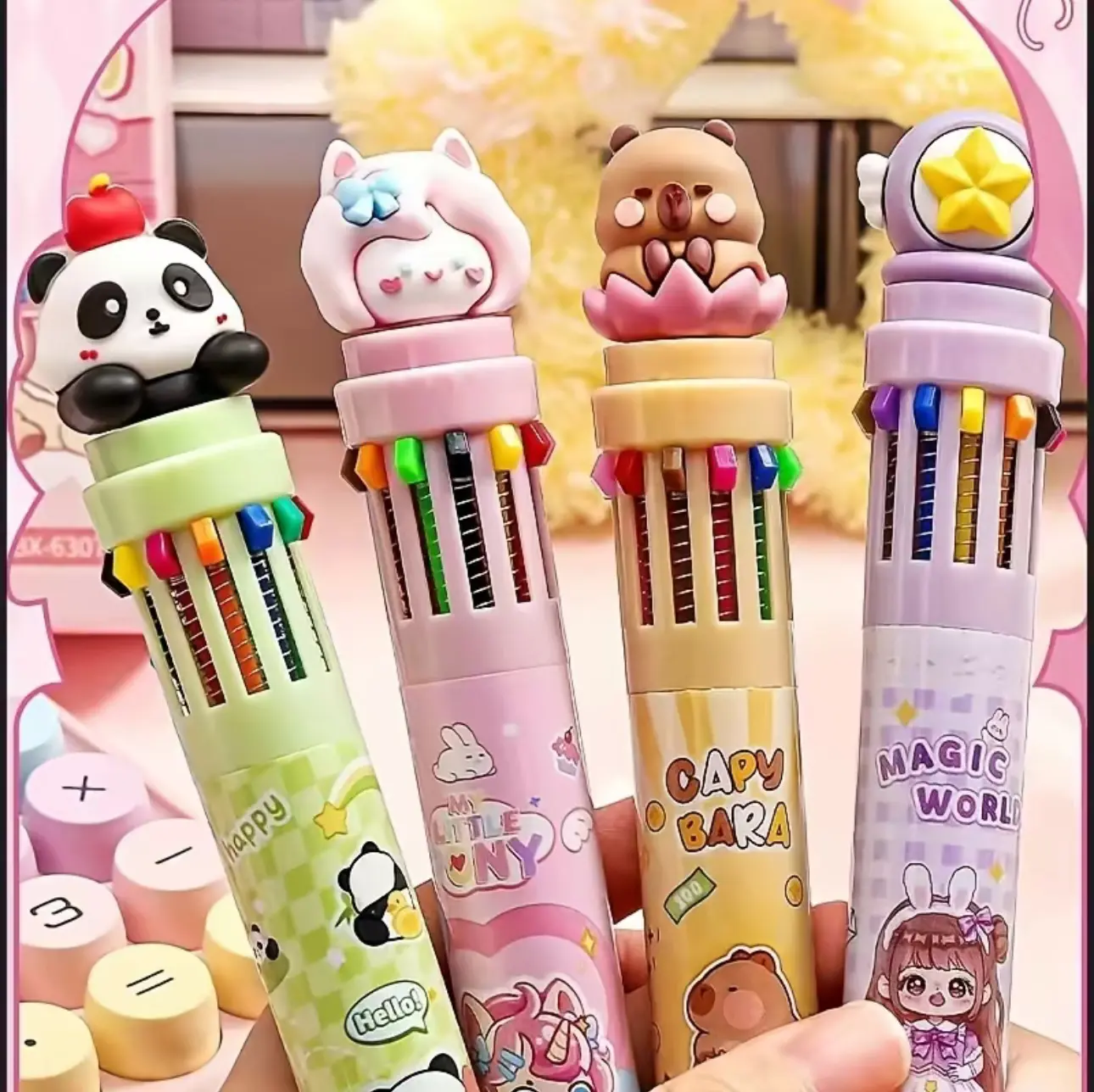 12-Color Multi-Function Click Pen with Cute Cartoon Animal Designs Perfect for Note-taking Journaling and Correction