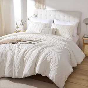 White  Comforter Set 3 count, Boho Farmhouse  Size Bedding Set, Vertical Tufted Bed Set, Lightweight Neutral Bedroom Set (1 Comforter 2 Pillowcases)