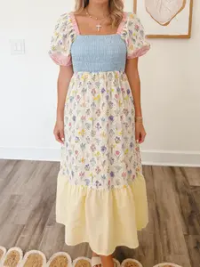 Summer Fashion Colorful Boho Floral Print Striped Patchwork Square Neck Elastic Waist Long Dress, Stylish Casual Women's Clothing for Warm Weather
