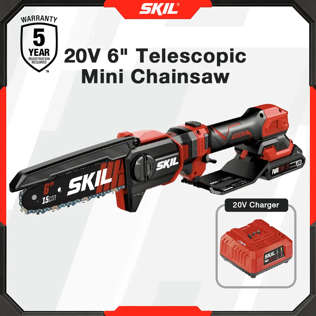 SKIL PWR CORE 20 Brushless 20V 6" Telescopic Mini Chainsaw Kit with Up to 2.8 feet Including 2.0Ah Battery and Charger