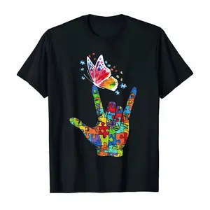 I Love You Hand Sign Language Butterfly Autism Awareness T Shirt Suitable for all seasons - classic styles, fun graphic tee shirts, base layers, casual streetwear, suitable for both men and women.