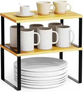 Cabinet Shelf Organizers 2 Pack, Kitchen Counter Rack Shelves Riser, Stackable Expandable Spice Rack, Pantry Cupboard Storage Organization (Black and Natural, Short)