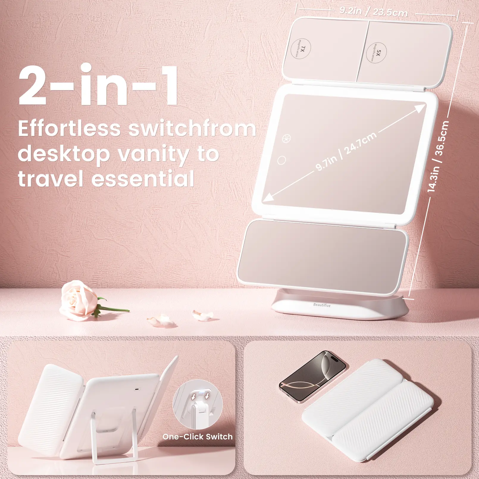 BEAUTIFIVE 7X/5X/1X Lighted Makeup Mirror with Magnification, 360° Rotation & Detachable Travel Vanity Mirror with Lights, Trifold Light Up Mirror with 3 Lights Colors, Portable Magnifying Mirror, Perfect Gift for Mother's Day, SummerVibes