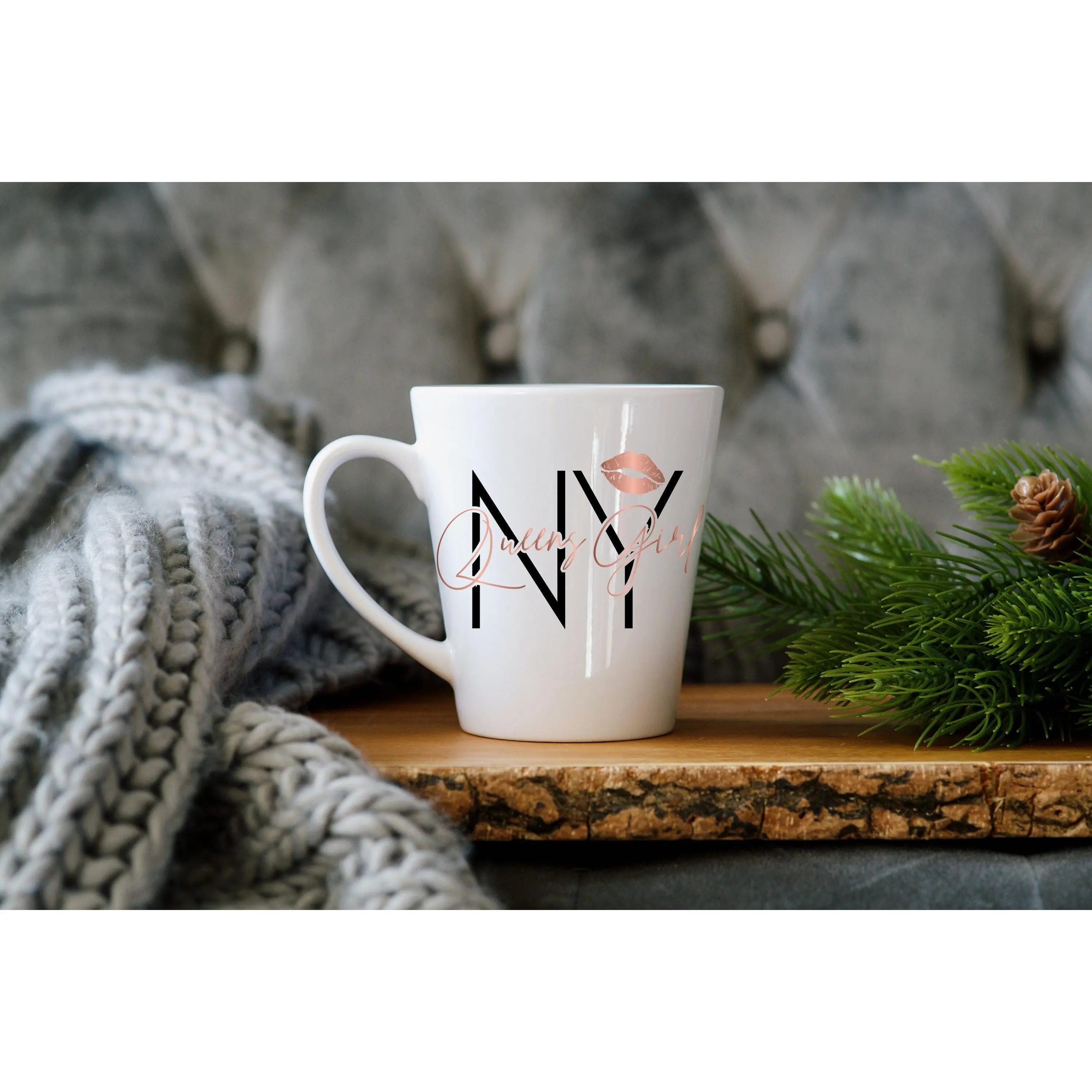 12 oz Printed Queens NY Lipstick Rose Gold Ceramic Single Mug - Dishwasher-Safe, Made-to-Order New York City Kitchen Drinkware Souvenir Gift, 12 Oz Mugs