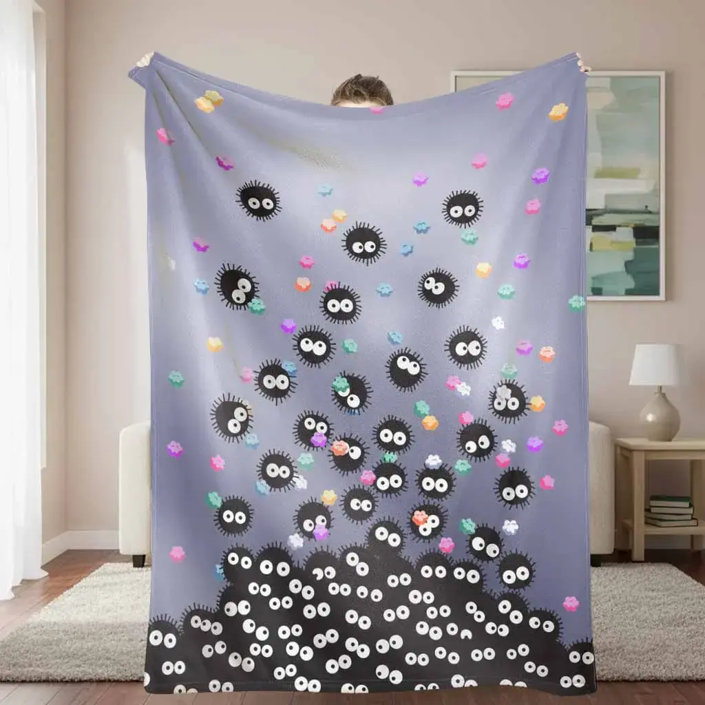 Soot Sprite Flannel Throw Blanket, Cute Fluffy Cartoon Pattern Blanket with Little Black Dust Bunnies, Character Art & Colorful Cartoon Style, Fabric Soft & Fluffy Fabric, Ultra-Soft Lightweight Microfiber Fleece for Bed, Travel, Warm Gift, Cartoon Patter