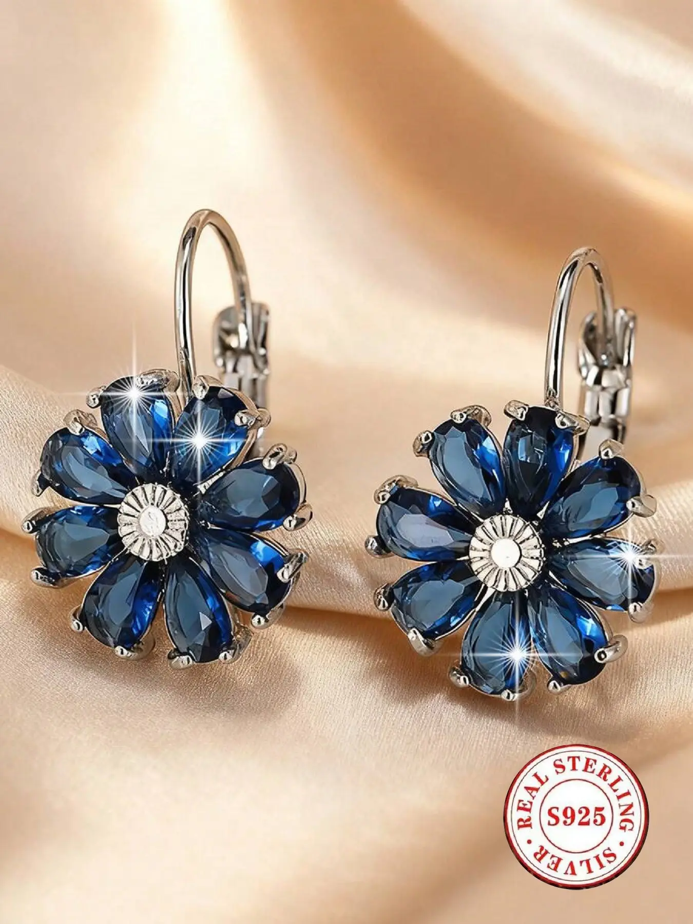 S925 Sterling Silver Blue Crystal Flower Dangle Design Artificial Zircon Dangling Earrings for Women – Hypoallergenic Ear Jewelry, Elegant Earrings for Party and Daily Wear