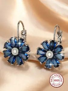 S925 Sterling Silver Blue Crystal Flower Dangle Design Earrings for Women – Hypoallergenic Ear Jewelry, Elegant Earrings for Party and Daily Wear