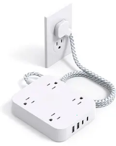 Flat Plug Extension Cord, 5ft Power Strip with 4 USB Ports(2 USB C), 4 Widely Outlets Extender, Wall Mount, Desk Charging Station for Office School Travel Dorm Room Essentials, ETL Listed