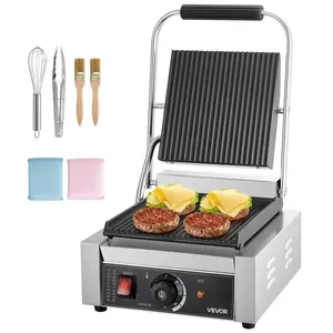 VEVOR Commercial Panini Grill, 1800W Electric Griddle Grill Indoor, Stainless Steel Sandwich Press with Handle & Temp Control, 8.8x9 in Full Grooved Enamel Plate for Hamburger, Steak, Bacon