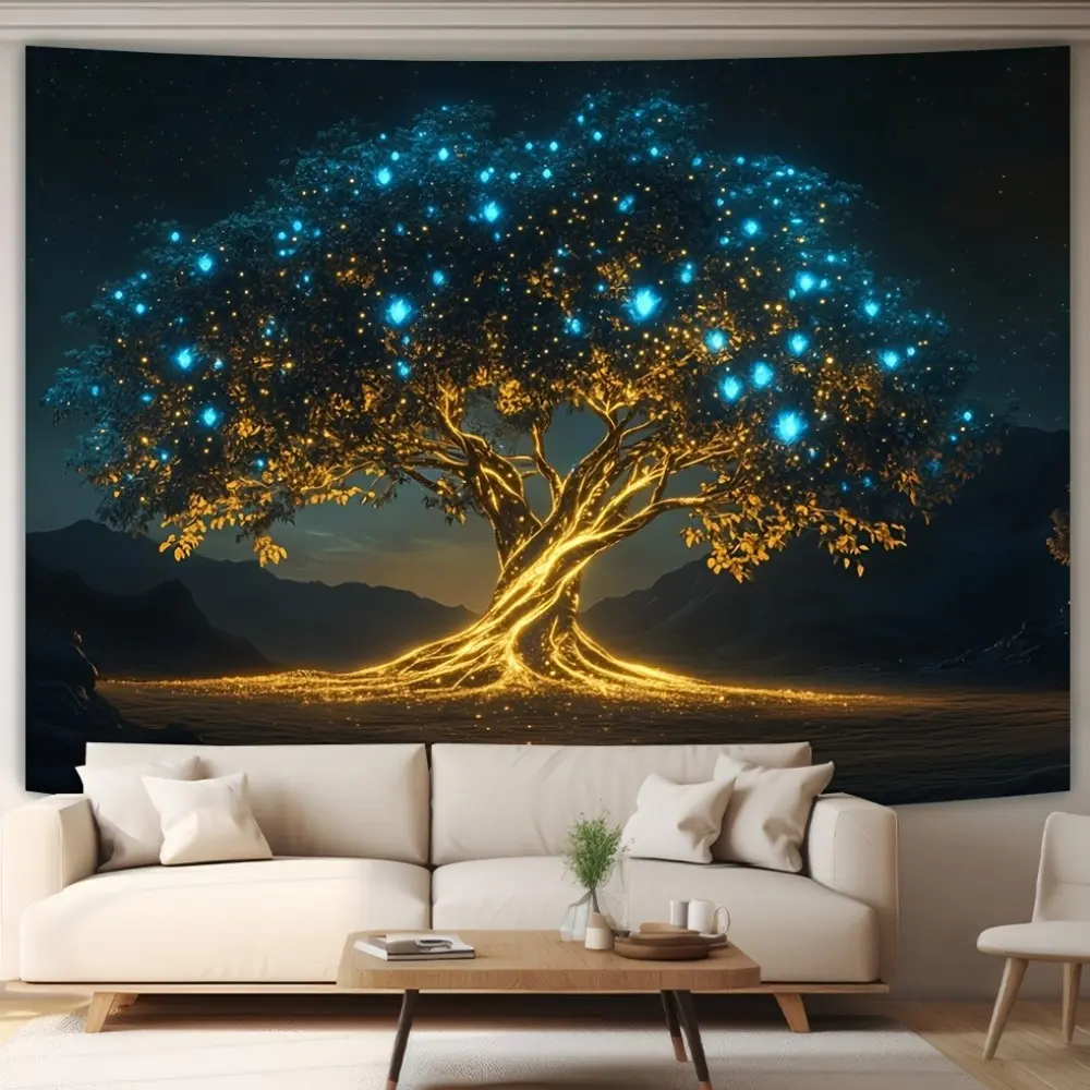 Retro Tree-of-Life & Starry Sky Print Decorative Hanging Wall Tapestry - Polyester Home Textile, Machine Washable Home Decoration, Indoor Room Accessory with Animal Accents for Living Room, Gifting