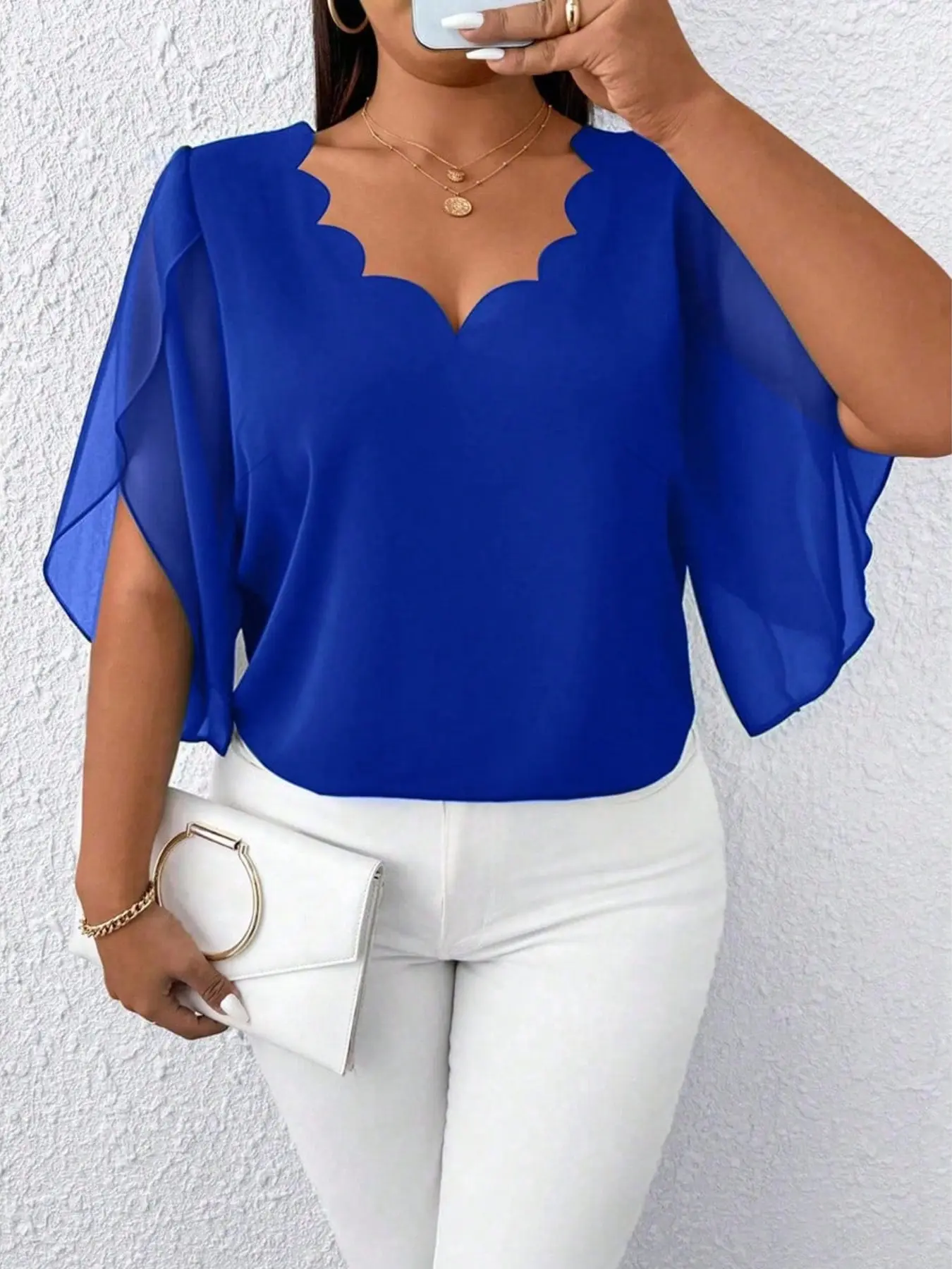 Plus Size Women's Blue Lightweight Chiffon Top, Sweet Wave V-Neck, Sheer Flutter Sleeves, Loose Fit, Vintage Elegant Style, Breathable, Arm Line Accentuating, Chic, Blouse